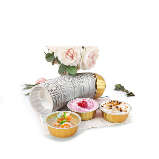 100PCs Gold Foil Disposable Baking Cups – Heat-Resistant Aluminium Cups for Muffins, Cupcakes & Mini Desserts