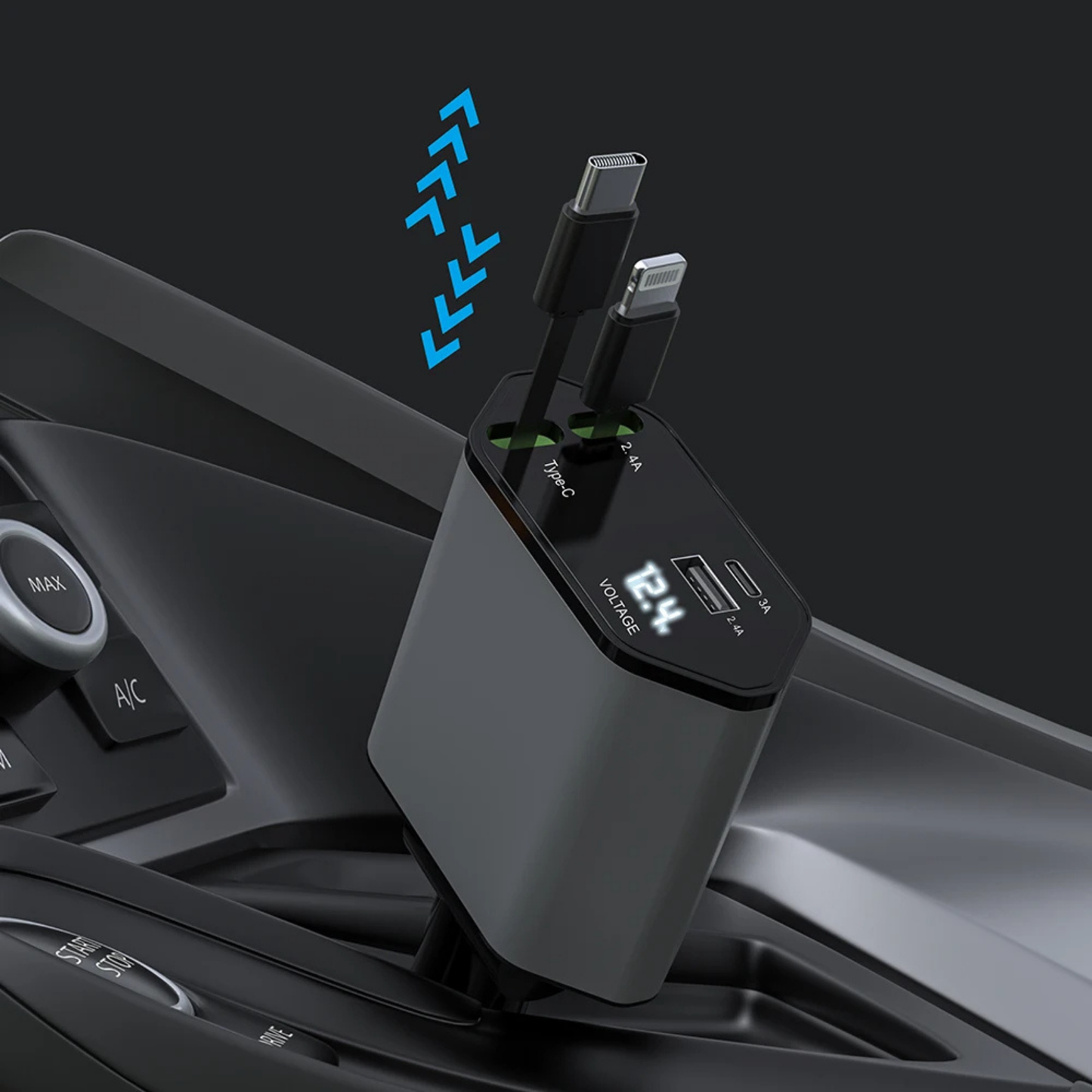 4-in-1 Retractable Car Charger - 120W Fast Charging with Voltage Display