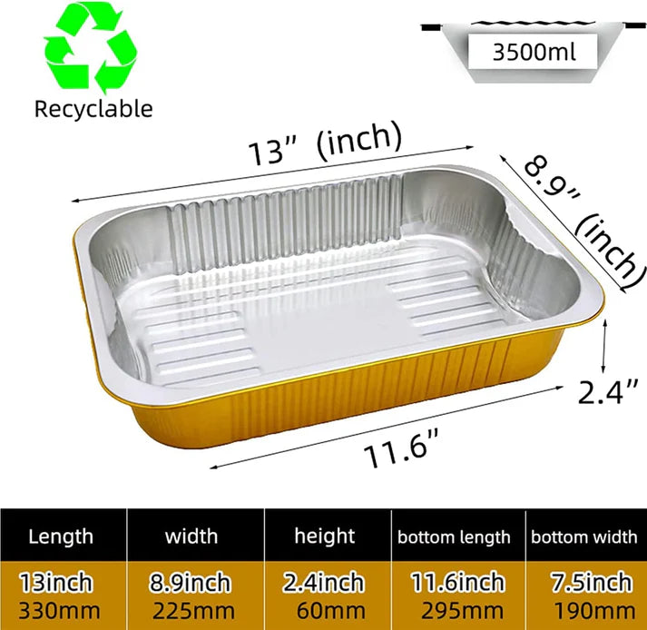 13 "x9"  Gold Aluminium Disposable Foil Baking Pan – 3.5L Heavy-Duty Steam & Roasting Tray
