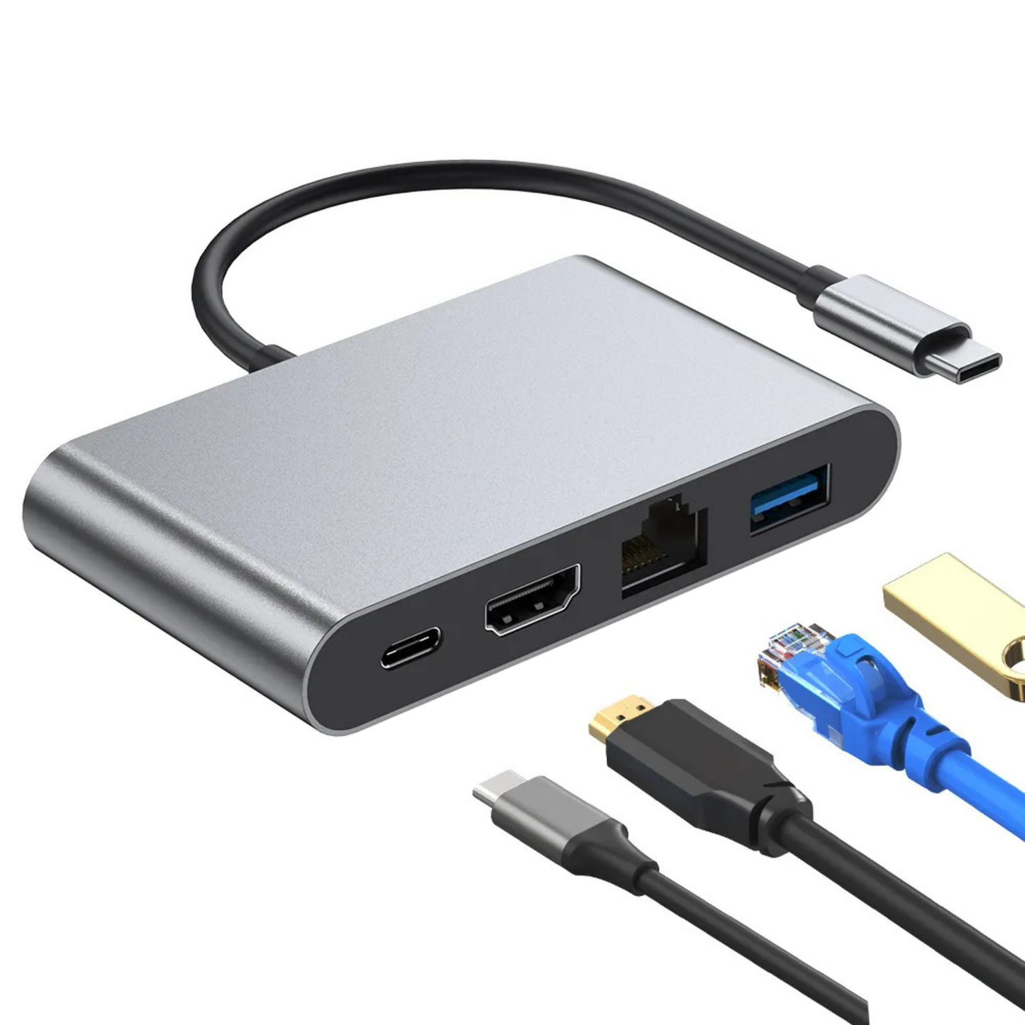 Professional 4-in-1 USB-C Hub: USB 3.0, Gigabit Ethernet, 4K HDMI, 100W PD