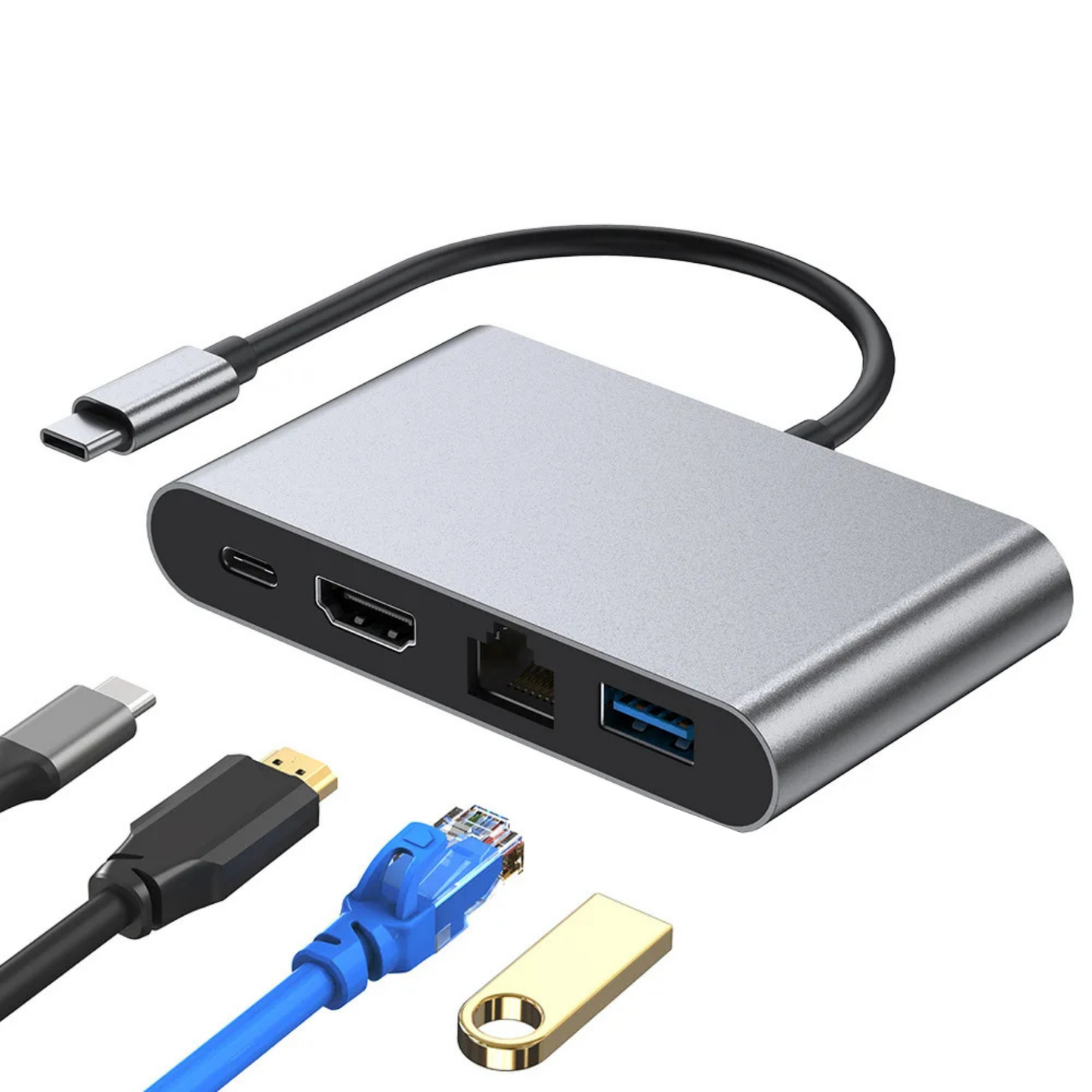 Professional 4-in-1 USB-C Hub: USB 3.0, Gigabit Ethernet, 4K HDMI, 100W PD