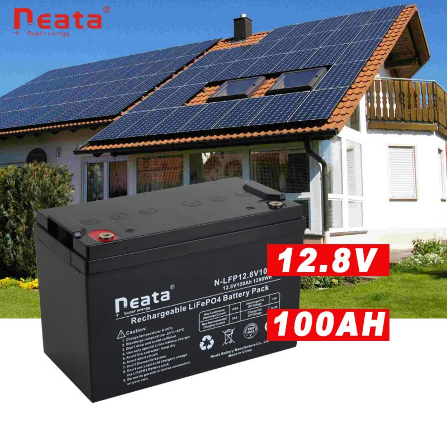 12.8V 100Ah LiFePO4 Solar Battery - UL Certified IP65 Protection