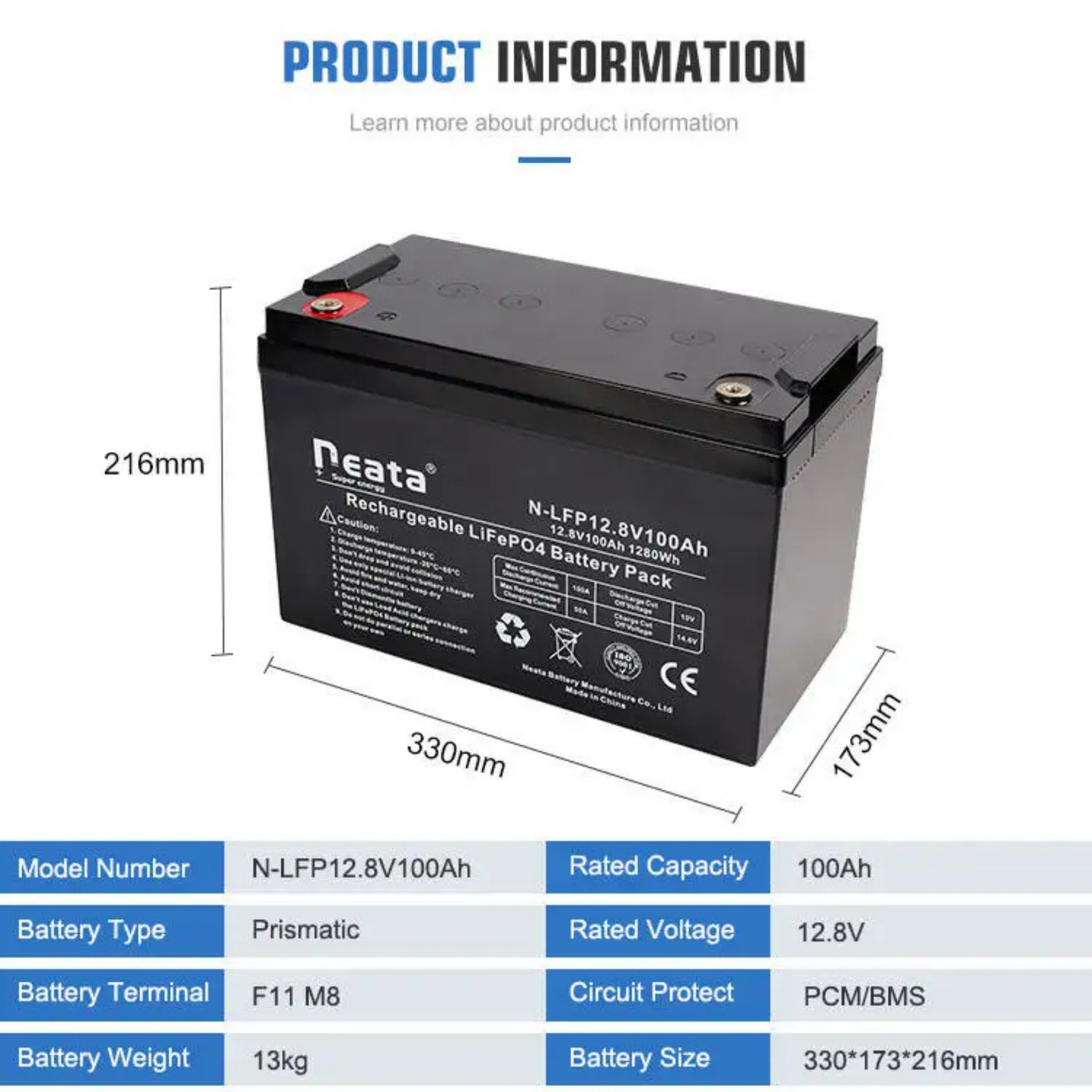 12.8V 100Ah LiFePO4 Solar Battery - UL Certified IP65 Protection