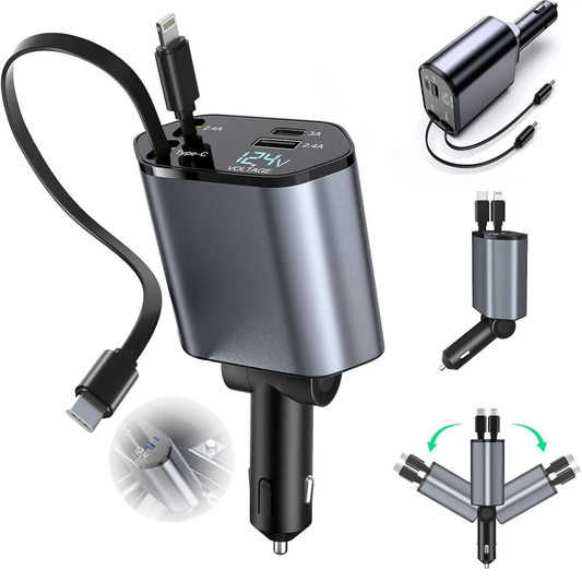 4-in-1 Retractable Car Charger - 120W Fast Charging with Voltage Display