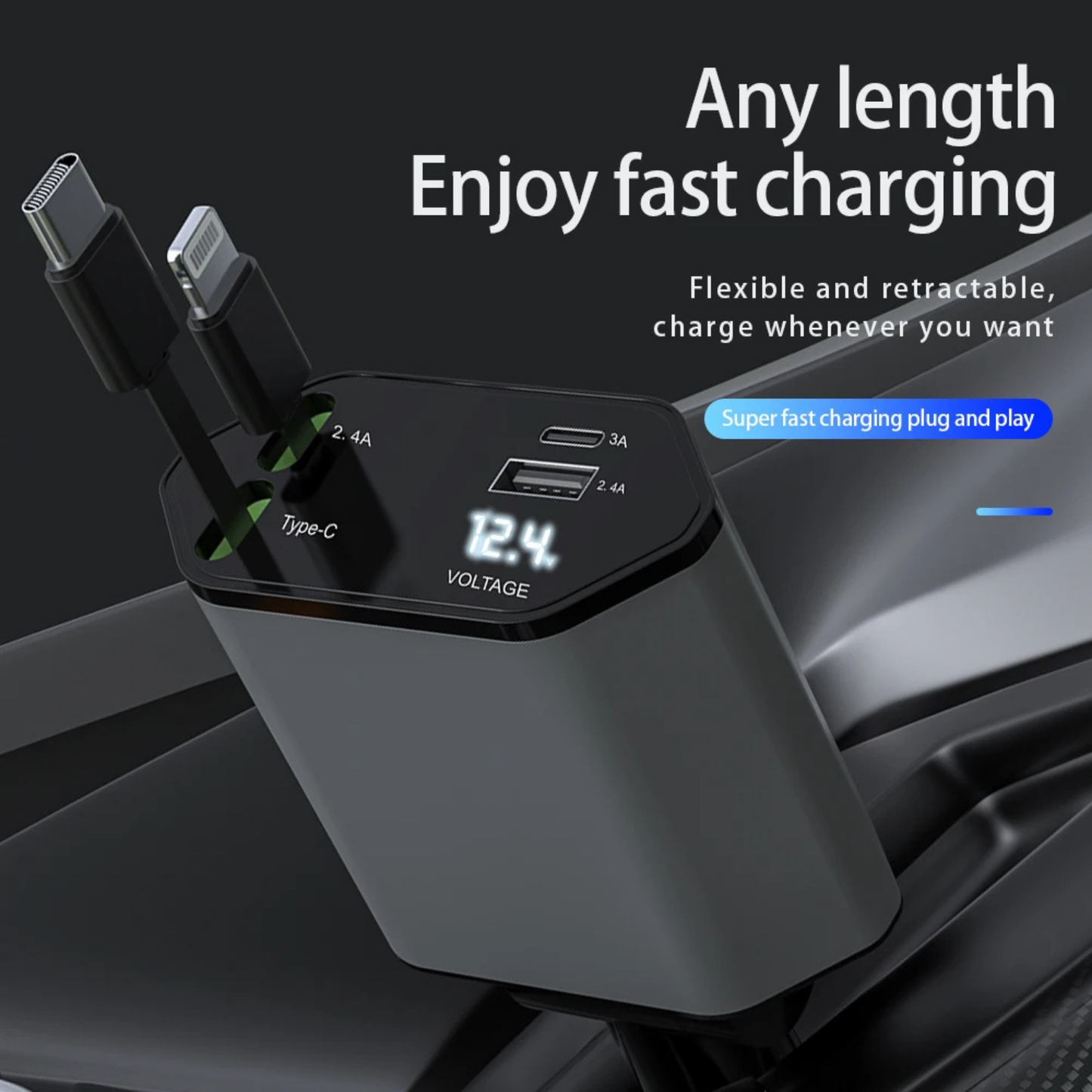 4-in-1 Retractable Car Charger - 120W Fast Charging with Voltage Display