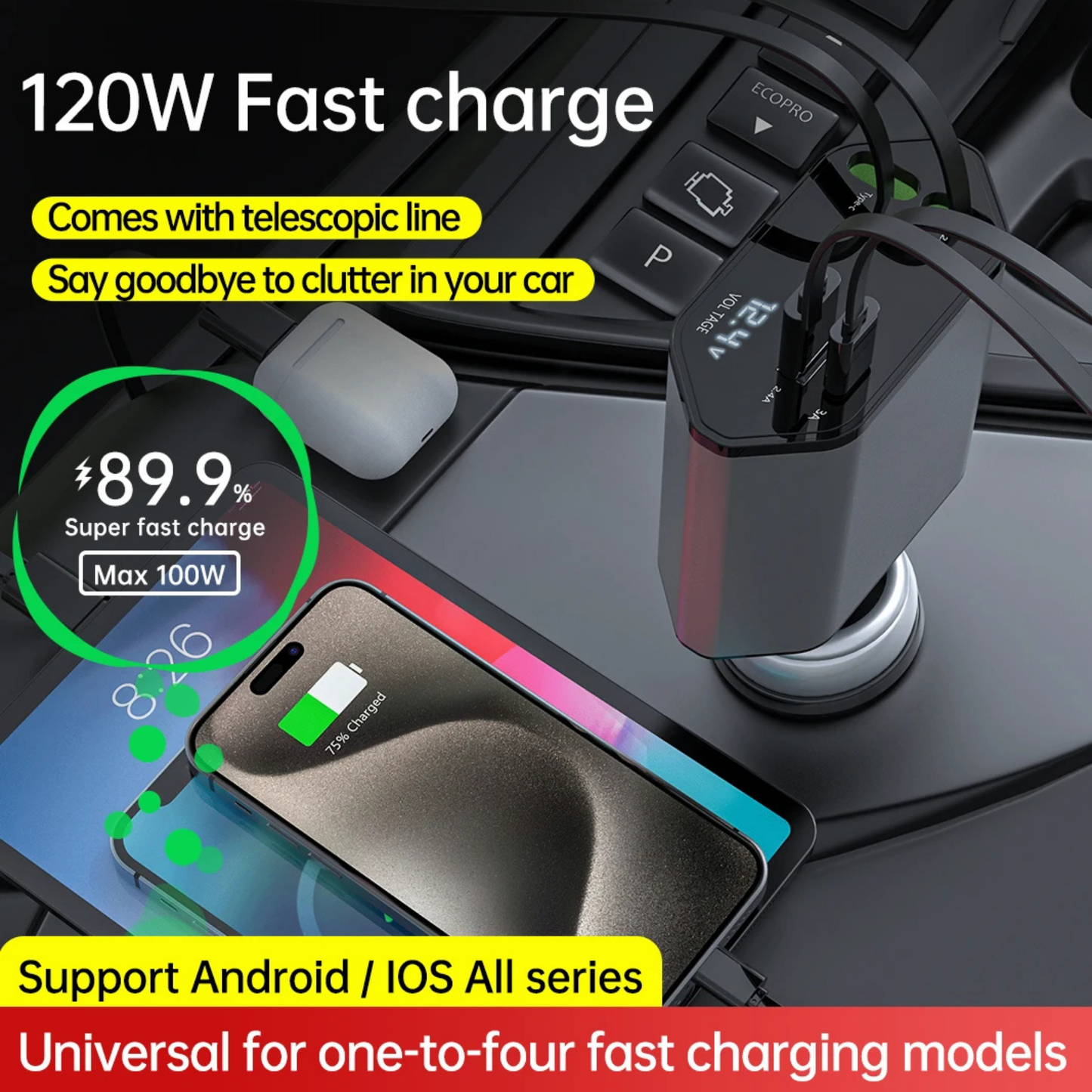4-in-1 Retractable Car Charger - 120W Fast Charging with Voltage Display