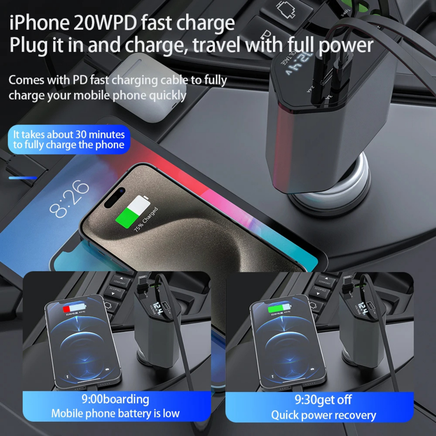 4-in-1 Retractable Car Charger - 120W Fast Charging with Voltage Display